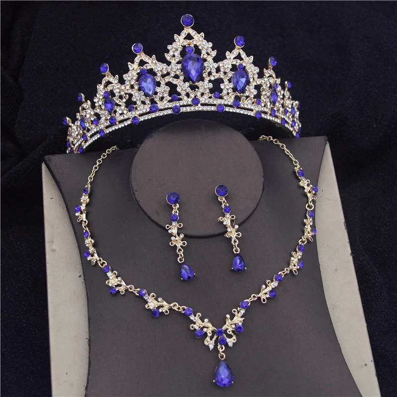 Gorgeous Red Crystal Bridal Jewelry Sets for Women Fashion Tiara Crown Bride Necklace Sets Earring Prom Wedding Accessory