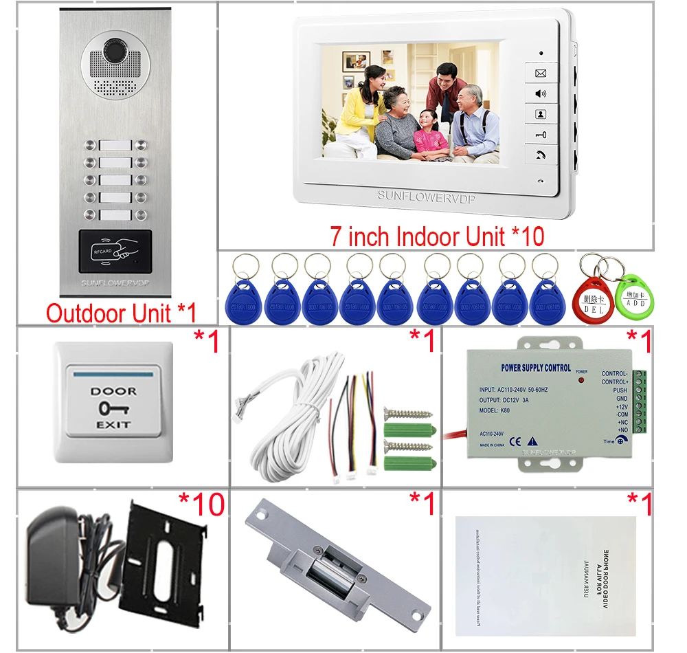 7inch Color Intercom Handset For an Apartment Access Control Video Doorphone Monitor Door Intercom With Electric Strike Lock Kit