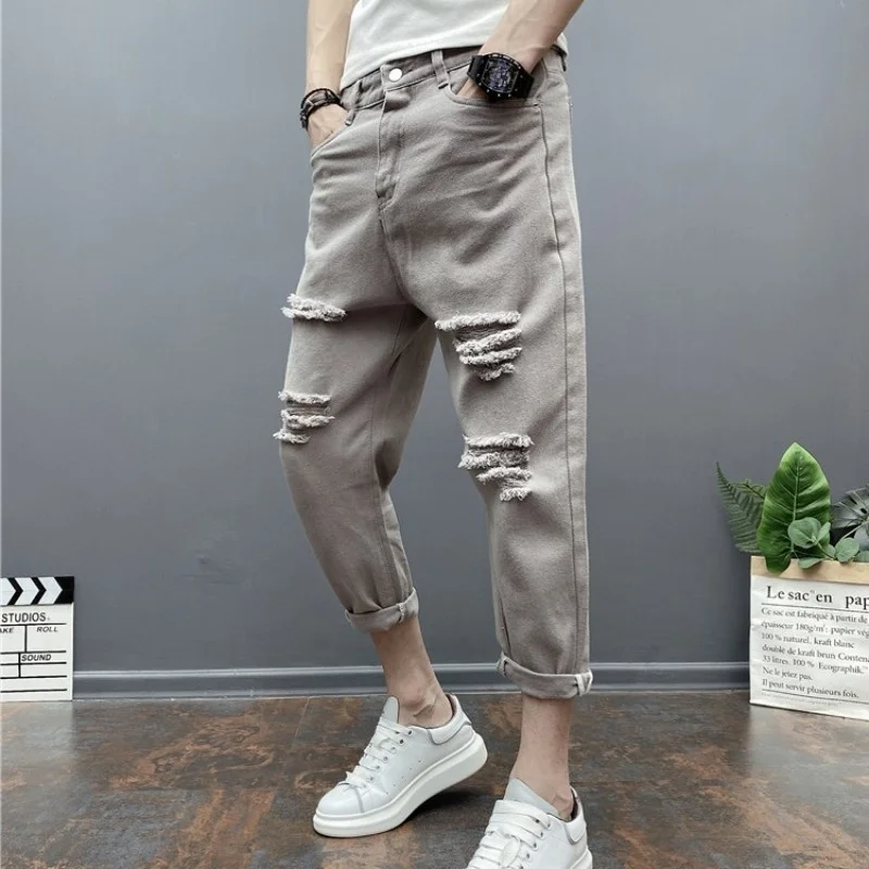 

Mens Fashion Hole Ripped Jeans Harem Pants Plus Size Casual Mid Calf Denim Joggers Pants Male Cowboy Casual Streetwear Trousers