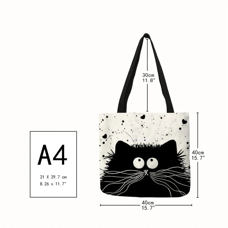 Customized Tote Shopping Bag Cute Cat Printing Women Handbag Linen Totes with Print Logo Casual Traveling Beach Bags