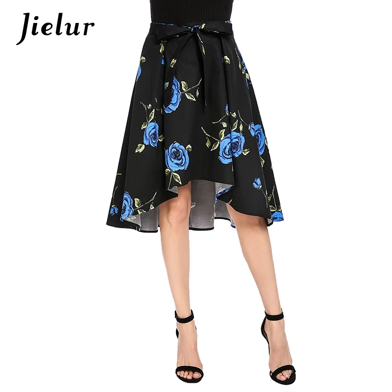 

Jielur Sexy Girls Flowers Printed Summer Skirts for Women Asymmetrical Retro Red Blue Skirt Female S-XXL Elegant Bowknot Faldas