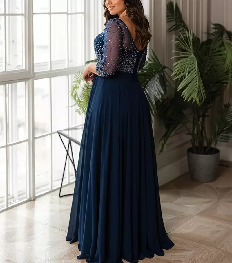 Gaun Malam Sifon Biru Gaun Pesta Bermanik Mutiara Lengan Panjang A Line Leher Bateau Gaun Formal Panjang Selantai Vestidos De Fiesta