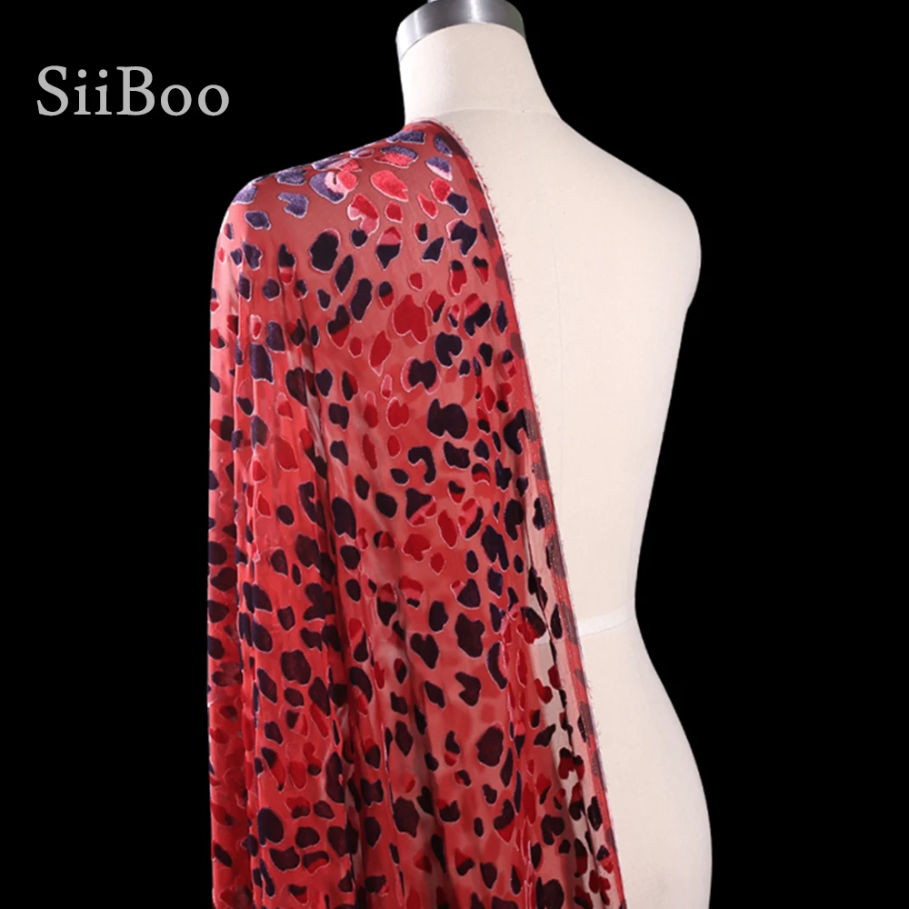 Red with leopard flocking burnout rayon silk velvet fabric for dress velvet silk tissu tecidos stoffen free shipping SP4830