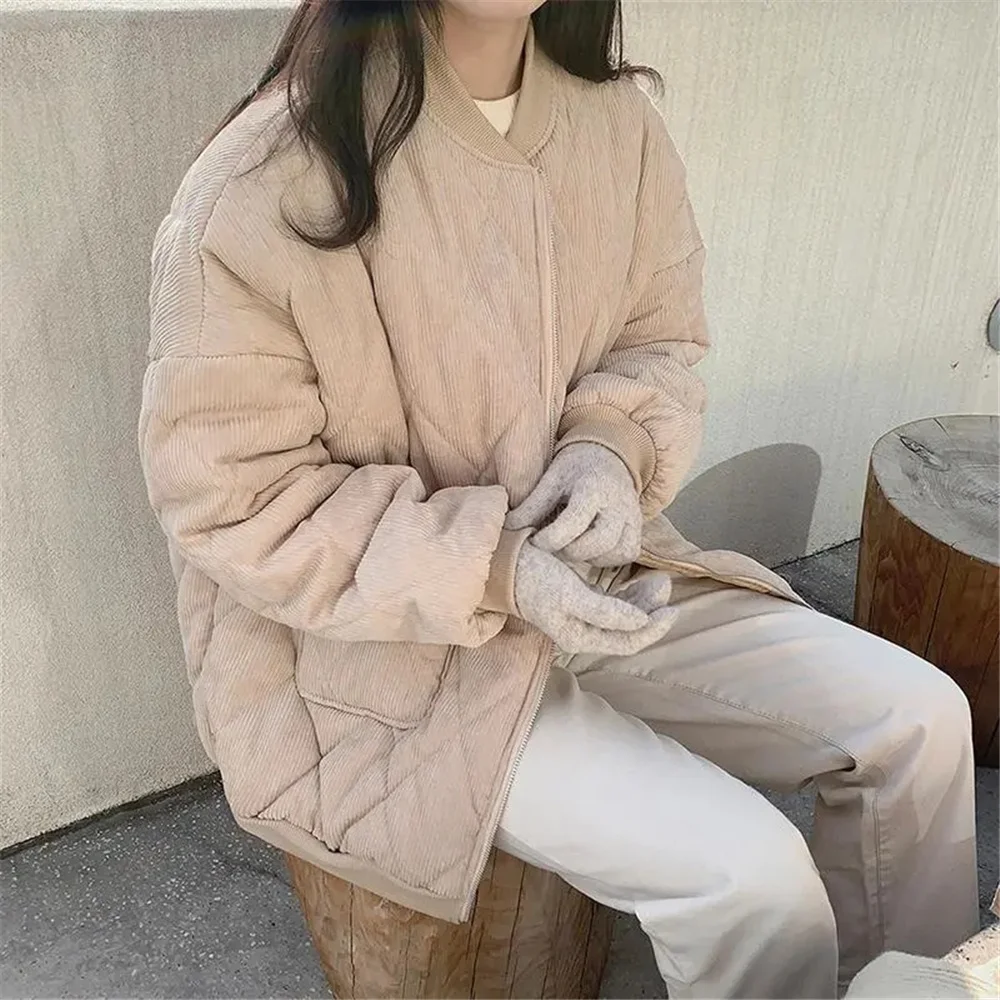 Diamond Pattern Corduroy Quilted Coat Simple Office Lady Cotton Padded Jacket Women Streetwear Clean Korean Fashion Y2k Clothing