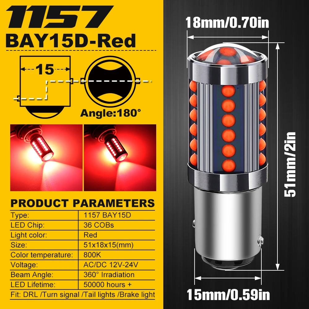 2x 1157 BAY15D 36 COB LED Red Tail Lamp Car Signal Brake Light Parking Bulb NEW