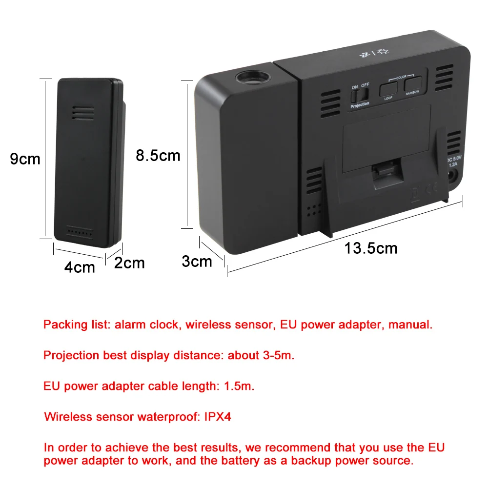 FanJu Alarm stacji meteorologicznej termometr cyfrowy 8 kolorowy wyświetlacz wewnątrz/na zewnątrz bezprzewodowy projekcji zegary, noc, lekki