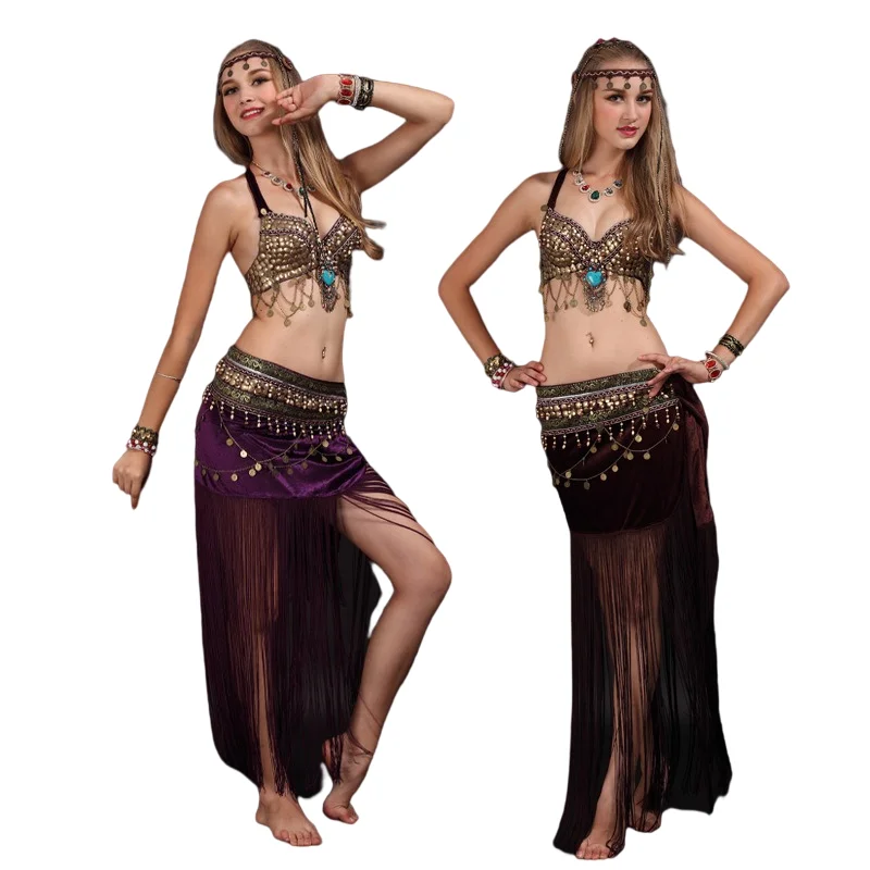 Handmade Tribal Bra & Belt Costume Set Women ATS Outfit Beaded Belly Dance Clothes Egypt Red Black Neopard Purple S M L