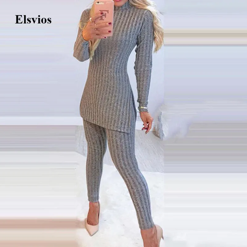 Office Lady Knitted Suits Outfit Elegant Beading Split Long Sleeve Tops And Skinny Pants Women Sets Casual Solid Two Piece Sets