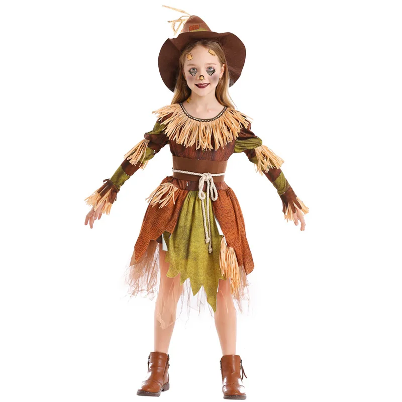 

Girls Scarecrow Cosplay Costume Dresses for Halloween Party Dress with Hat Belt Party Costume