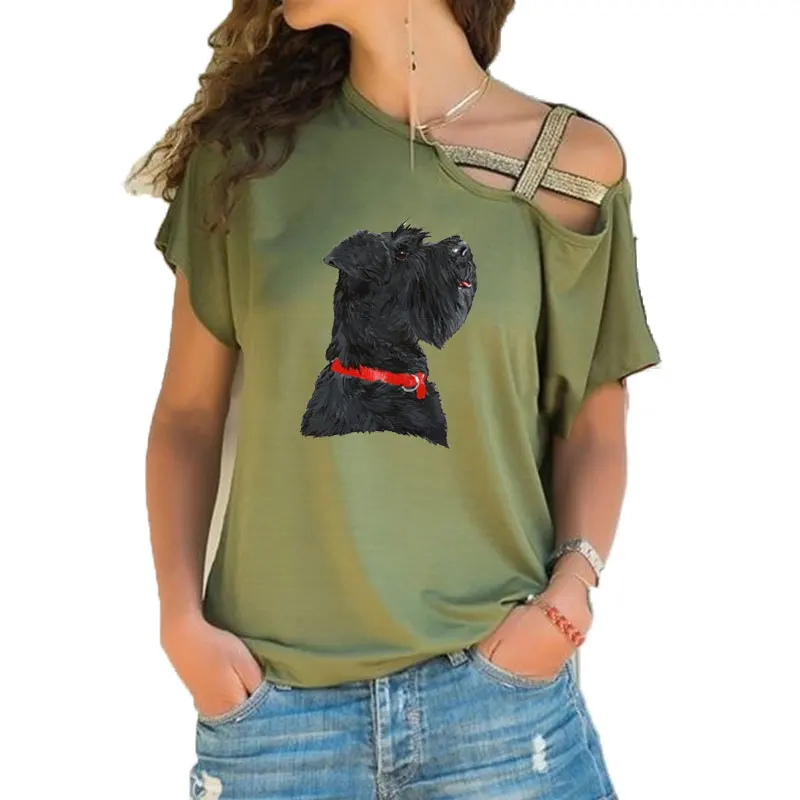 New Summer Miniature Black Schnauzer Head Print Funny Teeshirt Women Short sleeve Loose Irregular Skew Cross Bandage Tops Tee