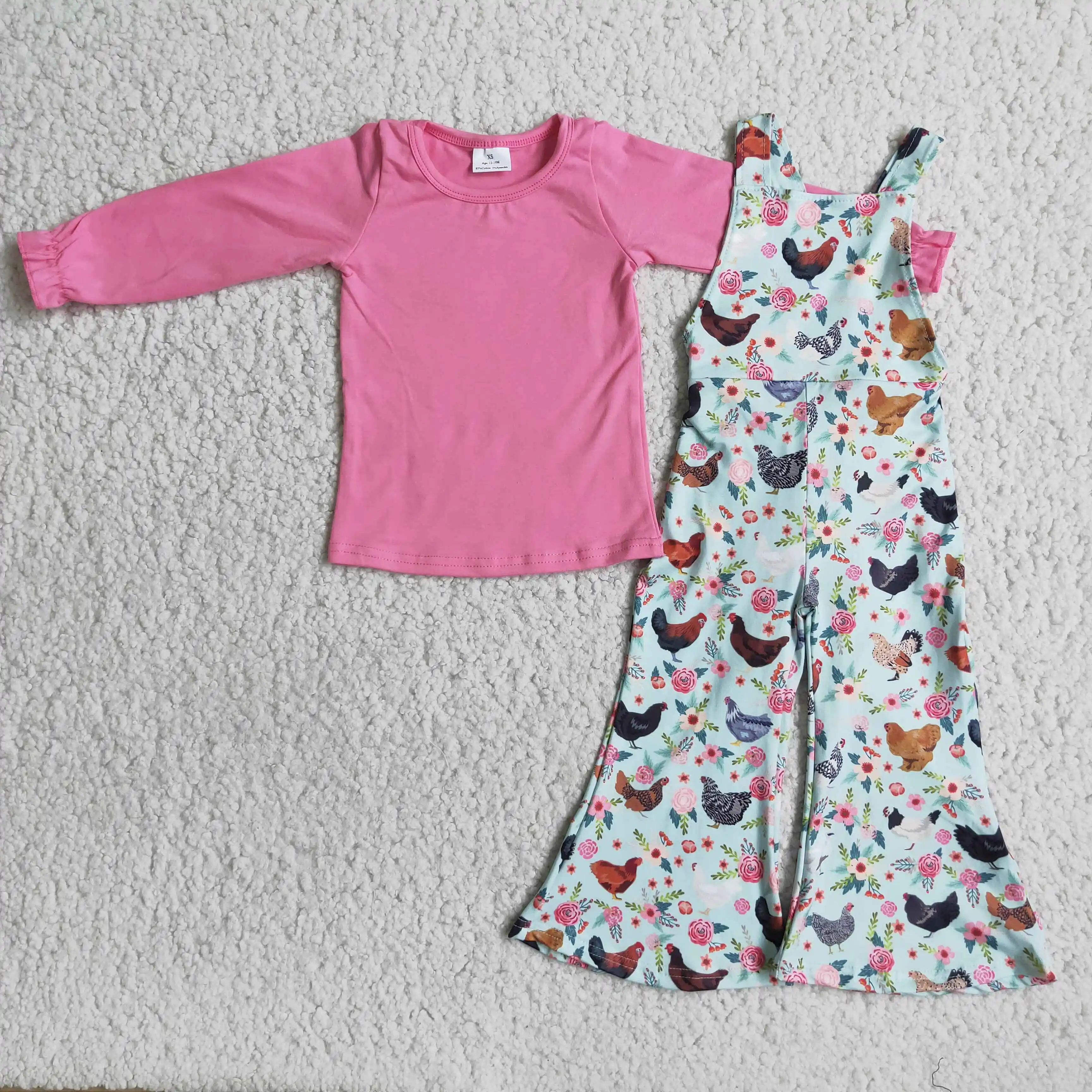 

Farm girl suit design pink solid color top hen flower print wide leg overalls girl boutique clothing 2pcs