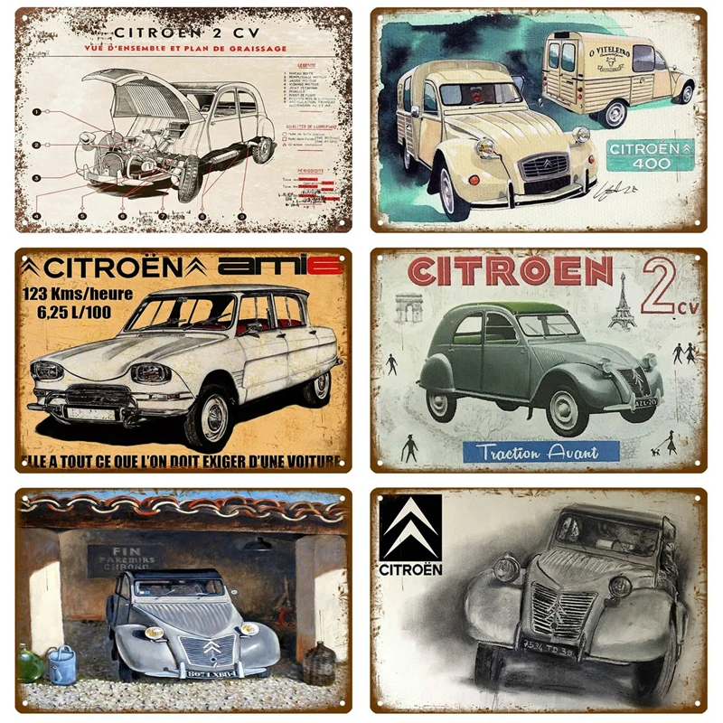 2CV Citroen Retro Decorative House Metal Sign Plate Posters On The Wall Tin Sign Vintage Poster Decor Wall Art Room Decoration