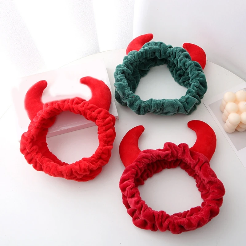 Plush Red Ox Devil Demon Horns Headband Makeup Shower Wash Face Sport Velvet Hair Band Funny Festival Party Bandana