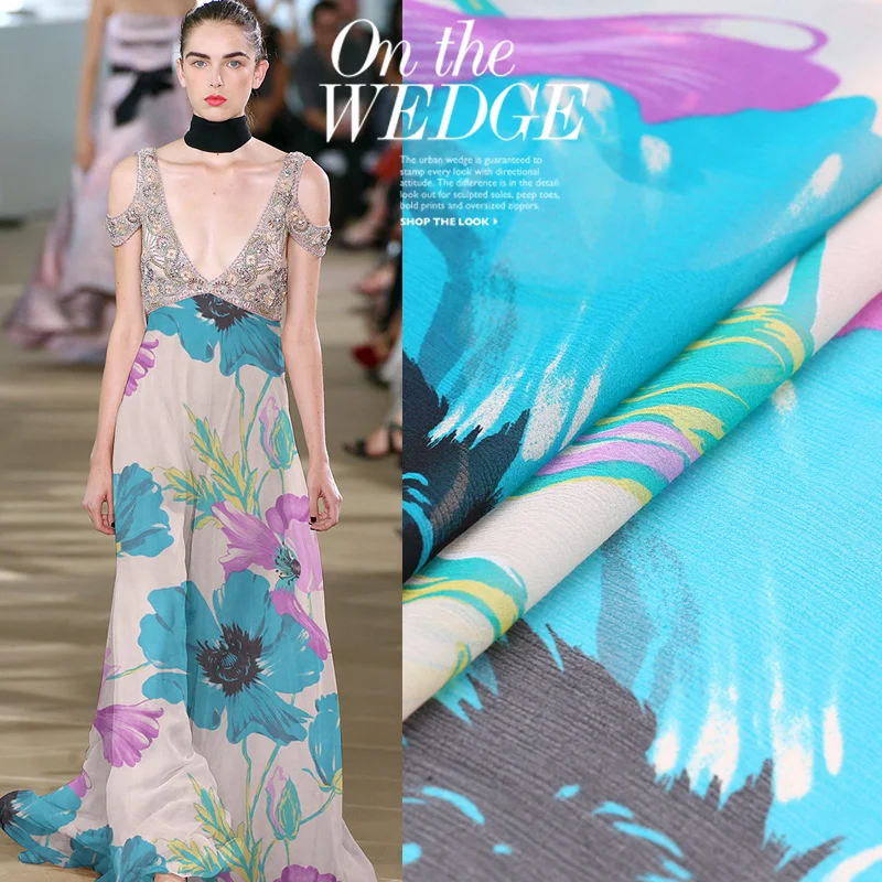 Blauw Tovenares Dunne Transparante Zijde Zijde Crinkle Georgette Jurk Stof Afdrukken Moerbei Zijde Kleding Zijde Sjaal Stof