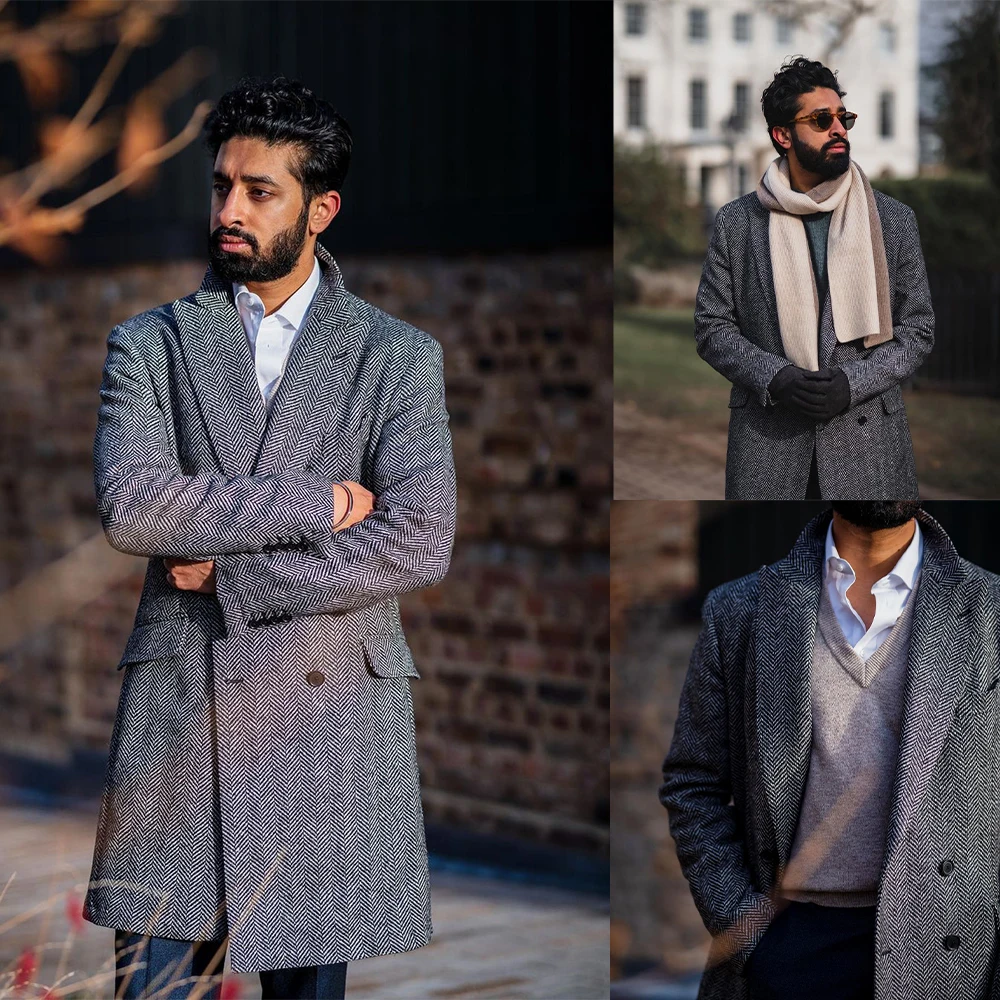 

Winter Woolen Men Coat Herringbone Long Length Peaked Lapel Warm Jacket Double Breasted Pocket Casual Vintage Tuxedos