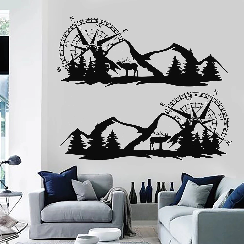 Vinyl Compass Truck Wall Sticker  Body Set Decal Big Compass Navigation with Mountain Deer Camper Van Motorhome Stickers