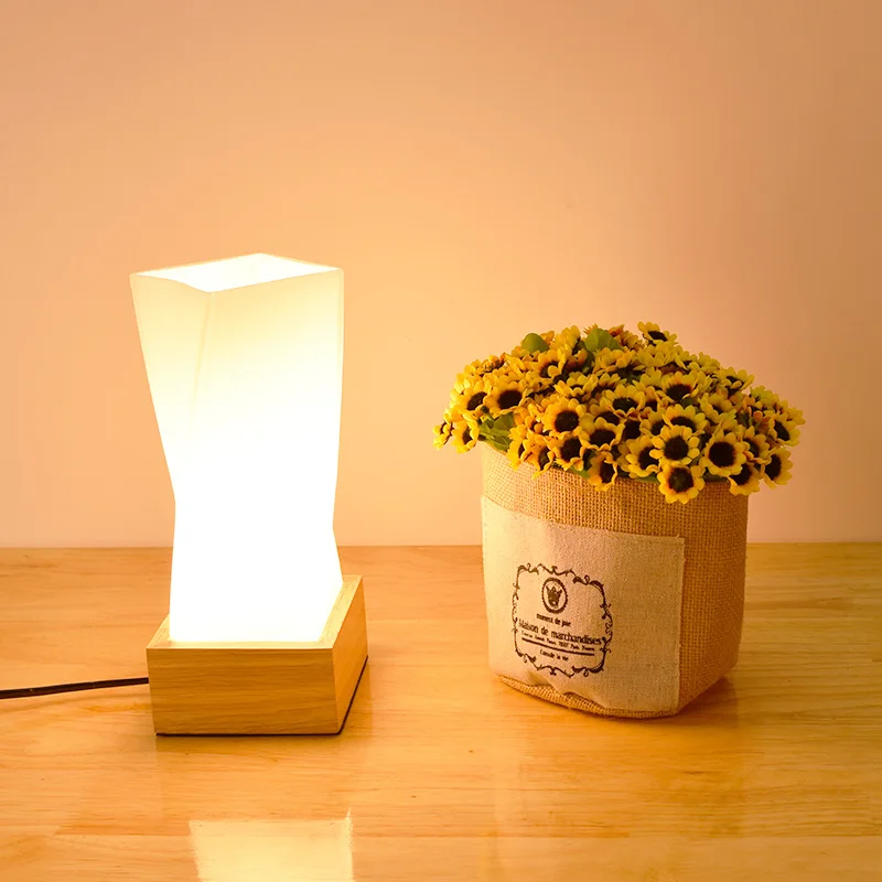 Energy Saver-Simple Nordic Flower Tabletop Light Solid Wood E27 Base Glass Lampshade Dining Room Table Night Lamp Bedside Light