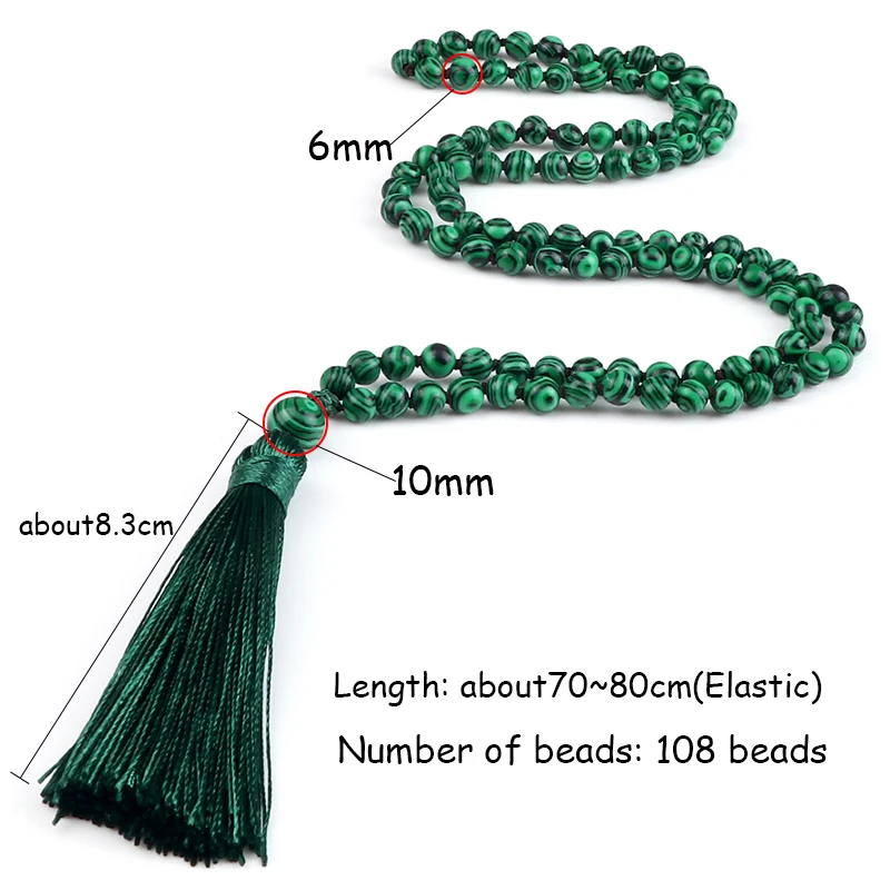 6mm Green Malachite Necklace Natural Stone Handmade 108 Beads Mala Tassel Pendant Necklace Meditation Yoga Jewelry for Women Men