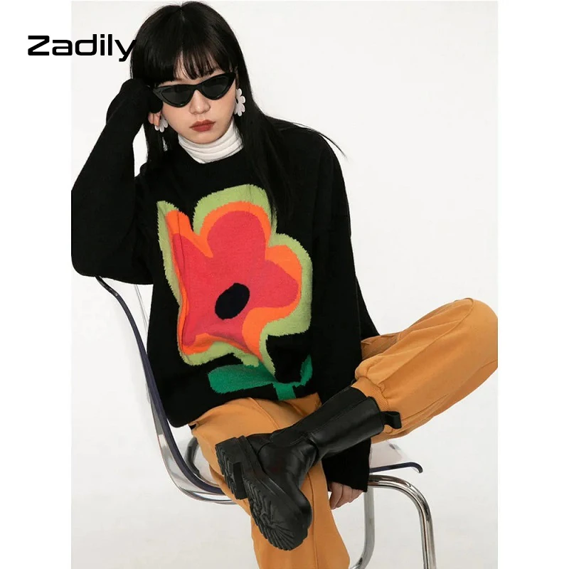 2021 Winter Street Style Y2K Floral Embroidery Women Warm Sweater Oversize Long Sleeve Knit Ladies Pullover Female Clothing Tops