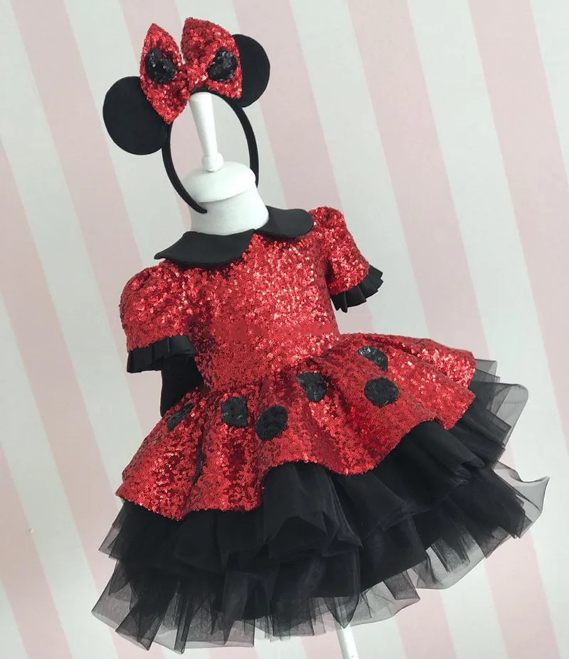 

New Coming Infant Girls Birthday Gown With Big Bow Red Sequined Toddler Girl First Birthday Dress 9M-14Y Photography Props