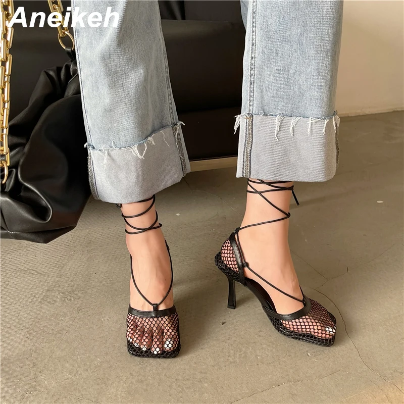 Aneikeh 2024 Stiletto Heels Mesh Fashion Sandals Square Toe Cross-Tied Shallow Concise Party Rome Solid Summer Shoes For Women