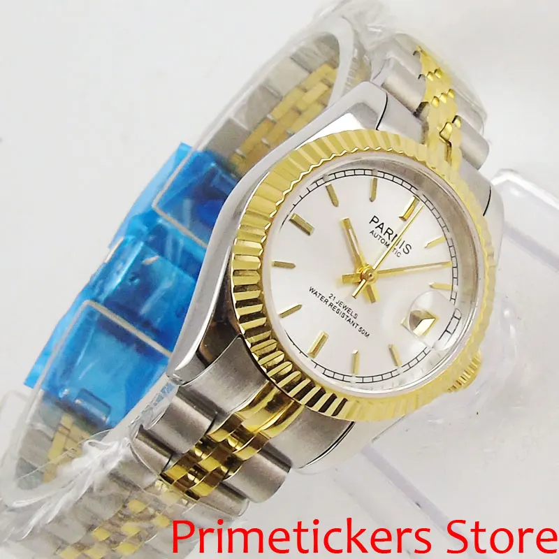 26mm stainless steel gold plated strap automatic movement date sapphire glass women watch