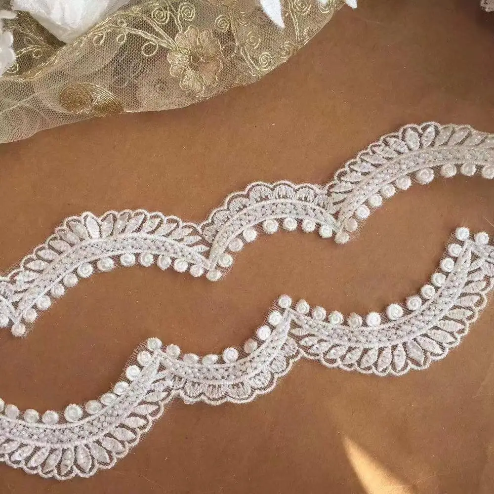 5cm Rayon embroidery Ivory lace trim beaded wedding veils lace trimming, beading lace for gowns, 5 yards=1 lot