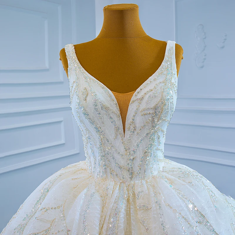 RSM67247-vestido de novia blanco de encaje con cuello en V profundo, vestido de novia de boda, decoración de cuentas de año 2021, diseño con cordones en la espalda, para banquete