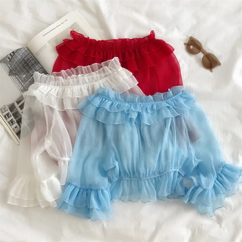 ฤดูร้อนญี่ปุ่นหวานผู้หญิงเสื้อเสื้อเสื้อ Kawaii นุ่ม Girly Lolita บินแขนลูกไม้ Ruffles มุมมองฐานเสื้อ