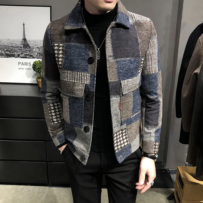 2021 Autumn and Winter Fashion New Men\'s Casual Lapel Hoodless Jacket / Male Slim Plaid Woolen Coat