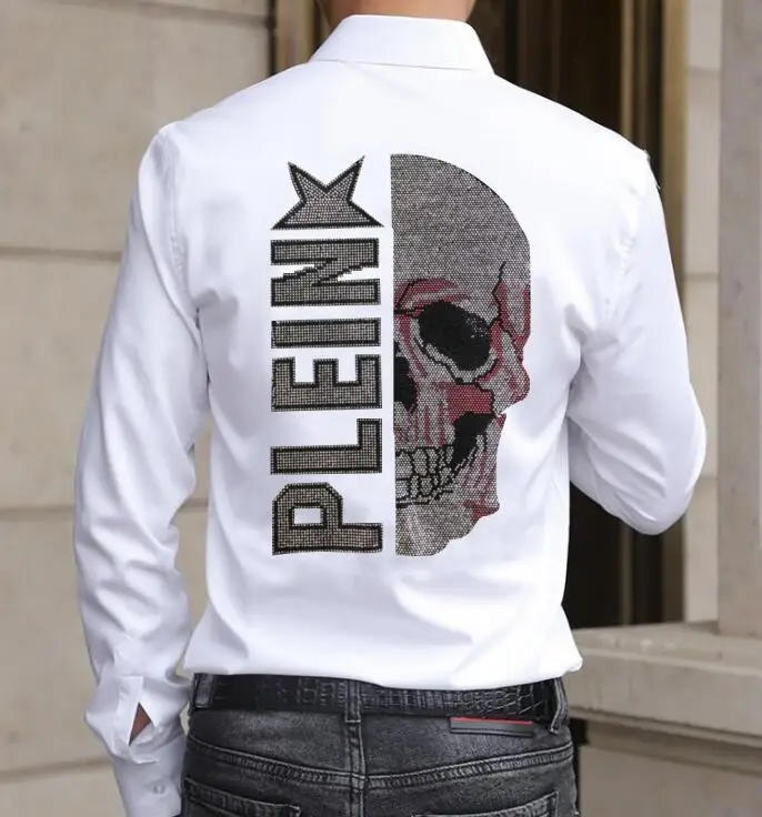 Rhinestones Mens Skulls Shirts Diamond Anime Long Sleeve Button Hot drill Cotton   Men