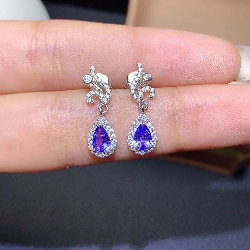 KJJEAXCMY 925 Sterling Silver Inlaid Natural Tanzanite Girl Fresh Trendy Water Drop Plant Gem Earring Ear Stud Support Detection