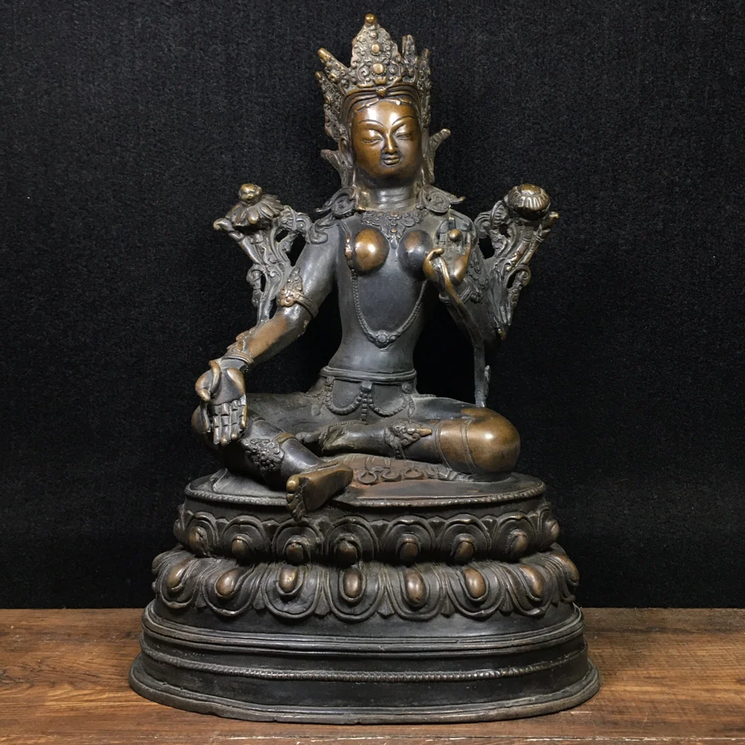 

12"Tibetan Temple Old Bronze Cinnabar Mud gold Green Tara Sitting Buddha Double Lotus Terrace Worship Hall Town house Exorcism