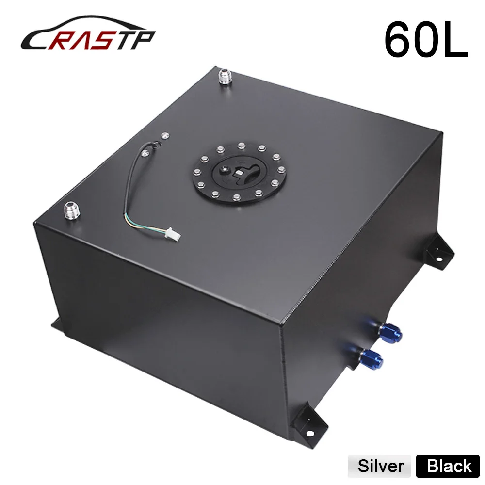 RASTP-High Quality Aluminum 60L Fuel Surge Tank Mirror Polish Fuel Cell with Cap/Foam Inside with Sensor Black Silver RS-OCC047