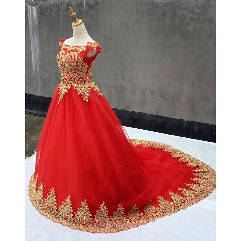 100% Real Photo สีแดง Quinceanera ชุดปิดไหล่ลูกไม้ดอกไม้ Prom Ball Gown Plus ขนาดที่กำหนดเอง Vestidos De quinceaneras