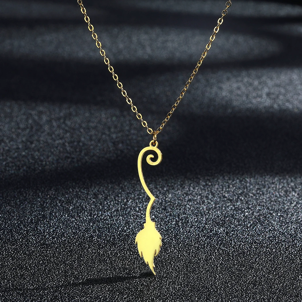 CHENGXUN Magic Witch Broom Pendant Necklace for Women Love Heart Stainless Steel Broomstick Neck Chain Jewelry Statement Gifts