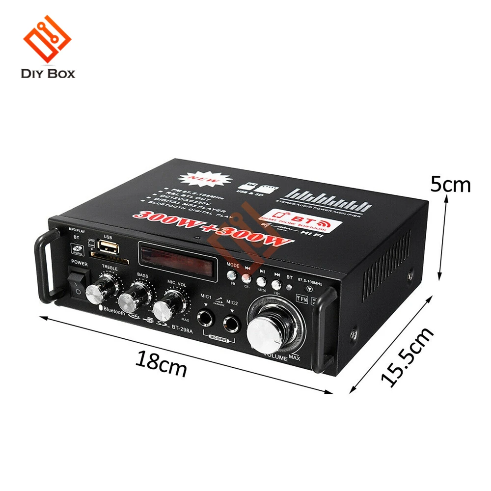 600W wzmacniacz Bluetooth dla głośników 300W + 300W 2CH HIFI Audio Stereo wzmacniacz mocy USB Radio FM samochód kina domowego pilot