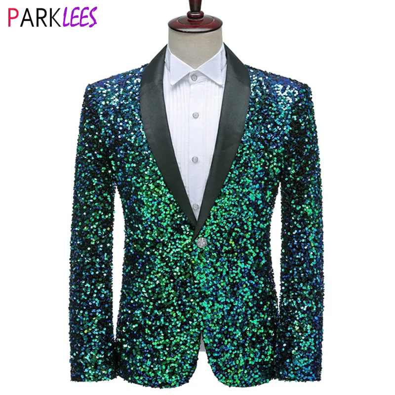 Shiny Grün Pailletten Bling Glitter Blazer Männer 2023 Schal Kragen One Button Smoking Anzüge & Blazer Herren Hochzeit Bühne kostüme