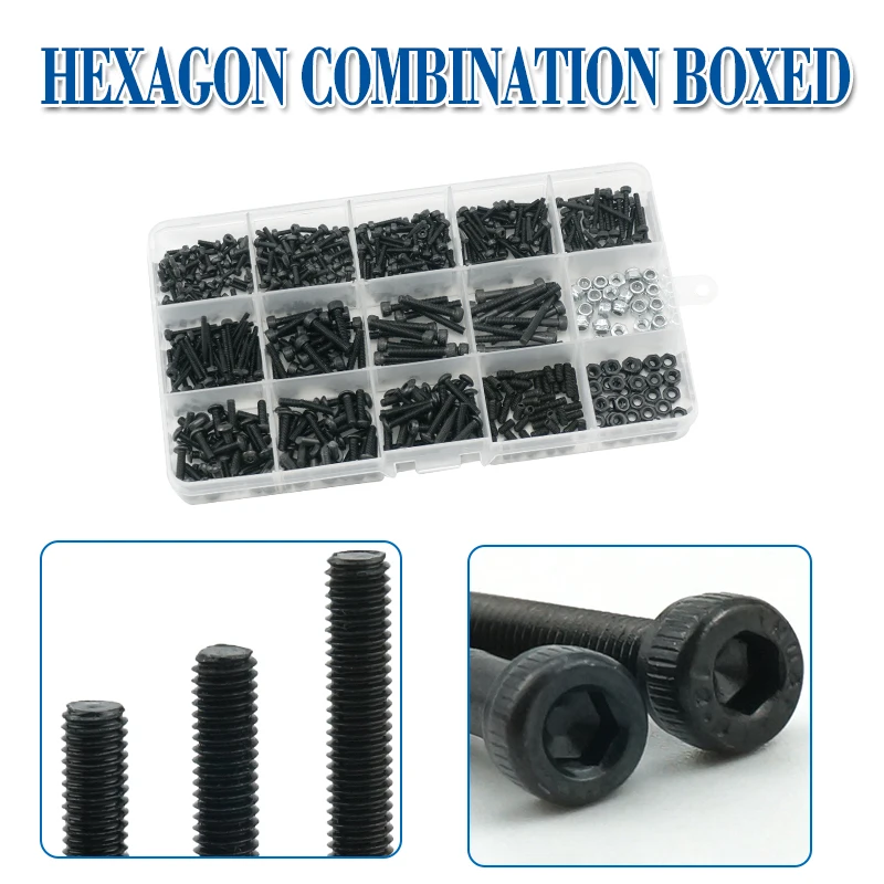 918pcs M2 M3 Hex Socket Screw Set Carbon Steel Flat Round Cap Head Screws Bolts and Nuts Assortment Kit with Storage Box