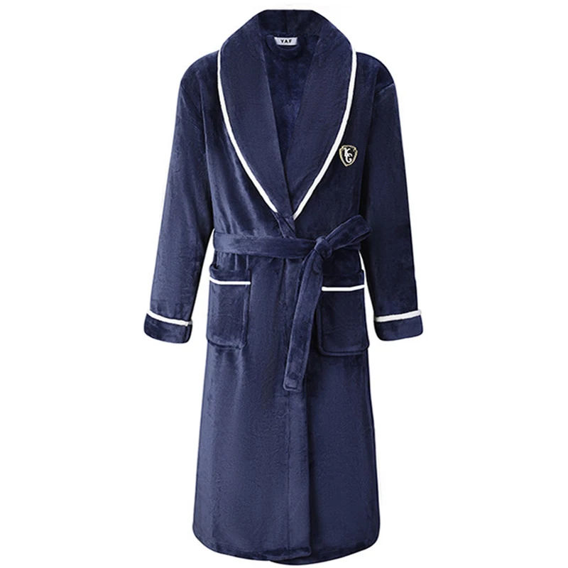 

Autumn/Winter Men Nightgown Kimono Bathrobe Gown Coral Fleece Negligee V-neck Intimate Lingerie Solid Colour Sleepwear