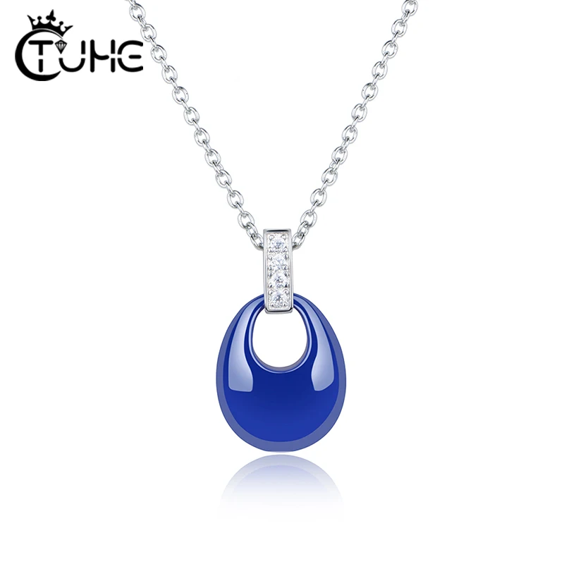 Colorful Ceramic Water Drop Pendant Necklace For Women Fashion Jewelry With Bling Crystal Black White Pink Blue Healthy Ceramic