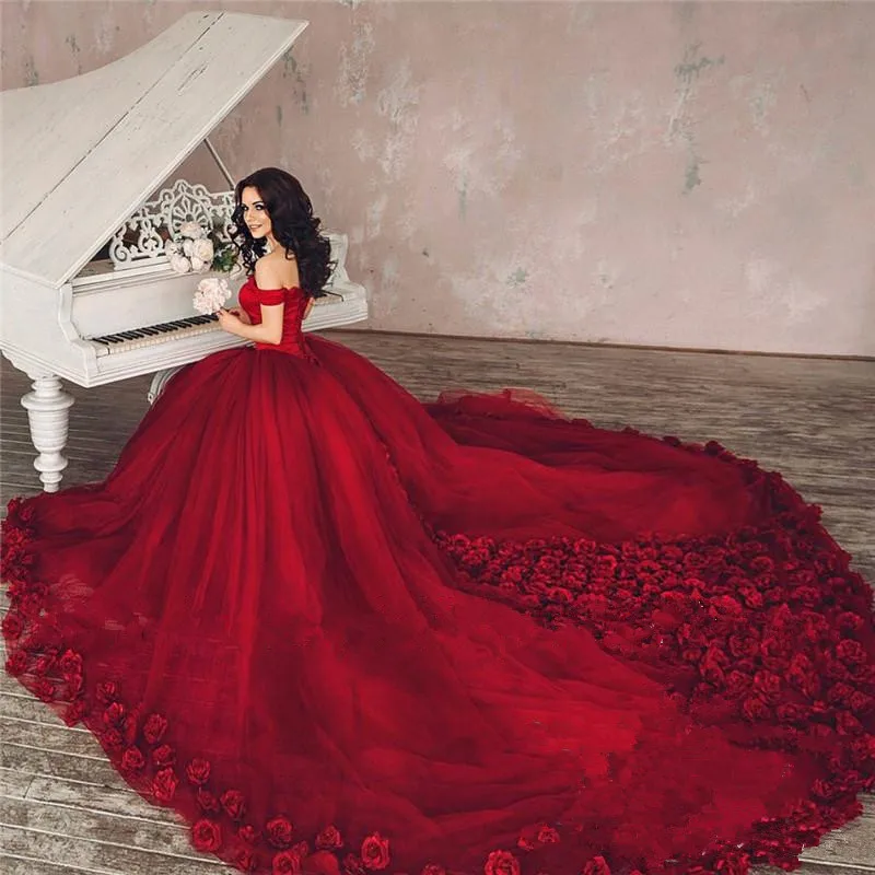 Vermelho 3d floral bola vestido de casamento 2020 fora do ombro mais tamanho feito à mão flores árabe africano vestidos de noiva novia