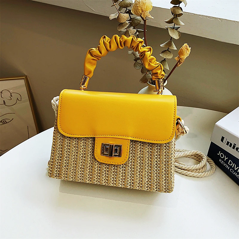 Straw Beach Bag for Women 2021 Summer Pleated Handle Luxury Designer Bag Contrast Color Crossbody Purse and Handbag Lady Bolsos