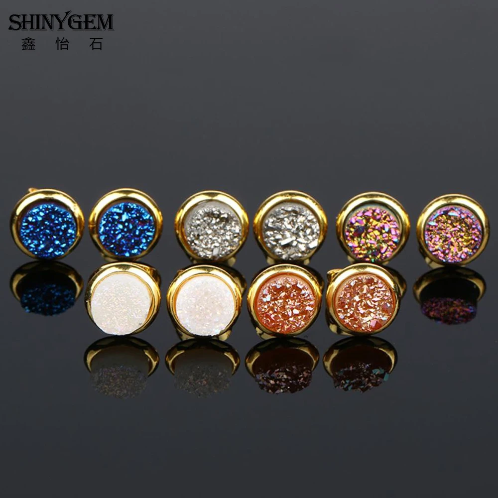 ShinyGem 6-12mm Round Natural Sparkly Crystal Druzy Stud Gold Plating Cute Mineral Stone Earrings For Women Wedding