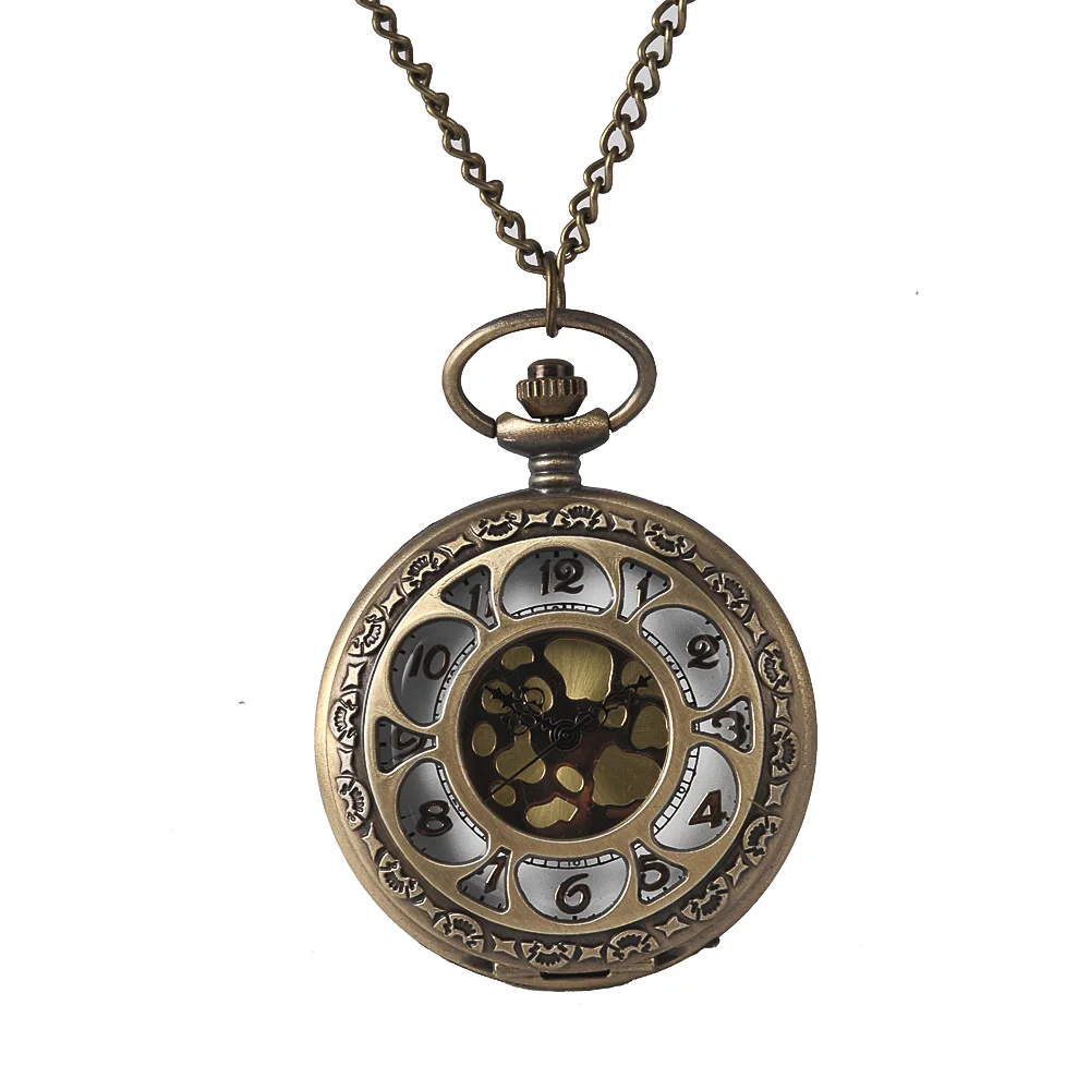 

New fashion vintage quartz pocket watch bronze hollow petals gold dial with necklace retro pocket watch