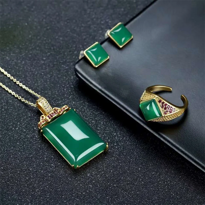 Hot Selling Natural Hand-carved Inlaid Ancient Method  Jade Necklace Ring Earrings Suit Fashion Jewelry Accessories Women Gifts