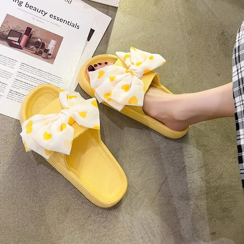 Summer New Ladies Slippers Fashion Cute Polka Dot Bow Slippers Women Thick-soled Indoor One-word Sandals Beach Shoes