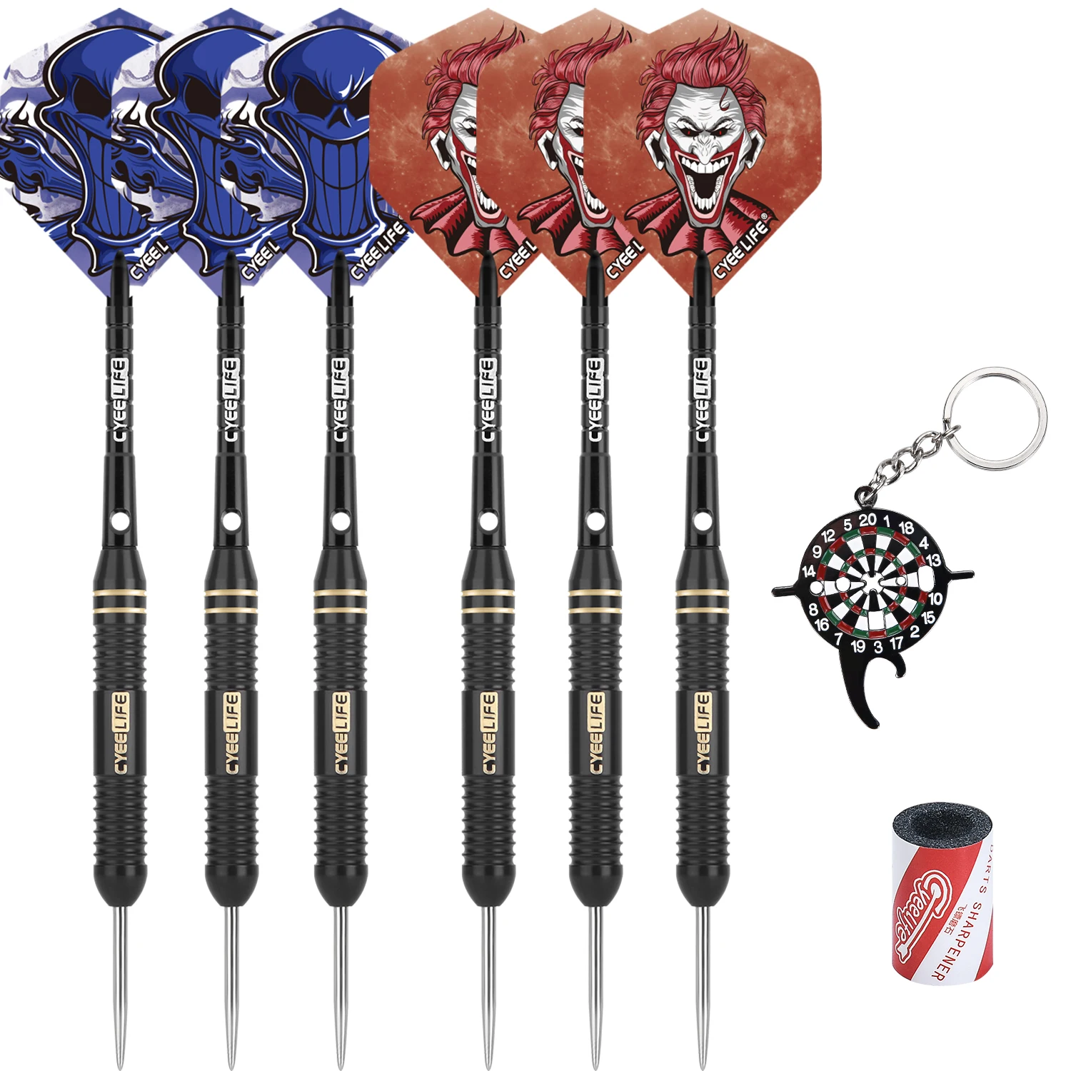 CyeeLife Steel tip darts 20/22/24g Brass,12 Flights + 6 Aluminium Shafts with Tool & Sharpener,Gift Packaging