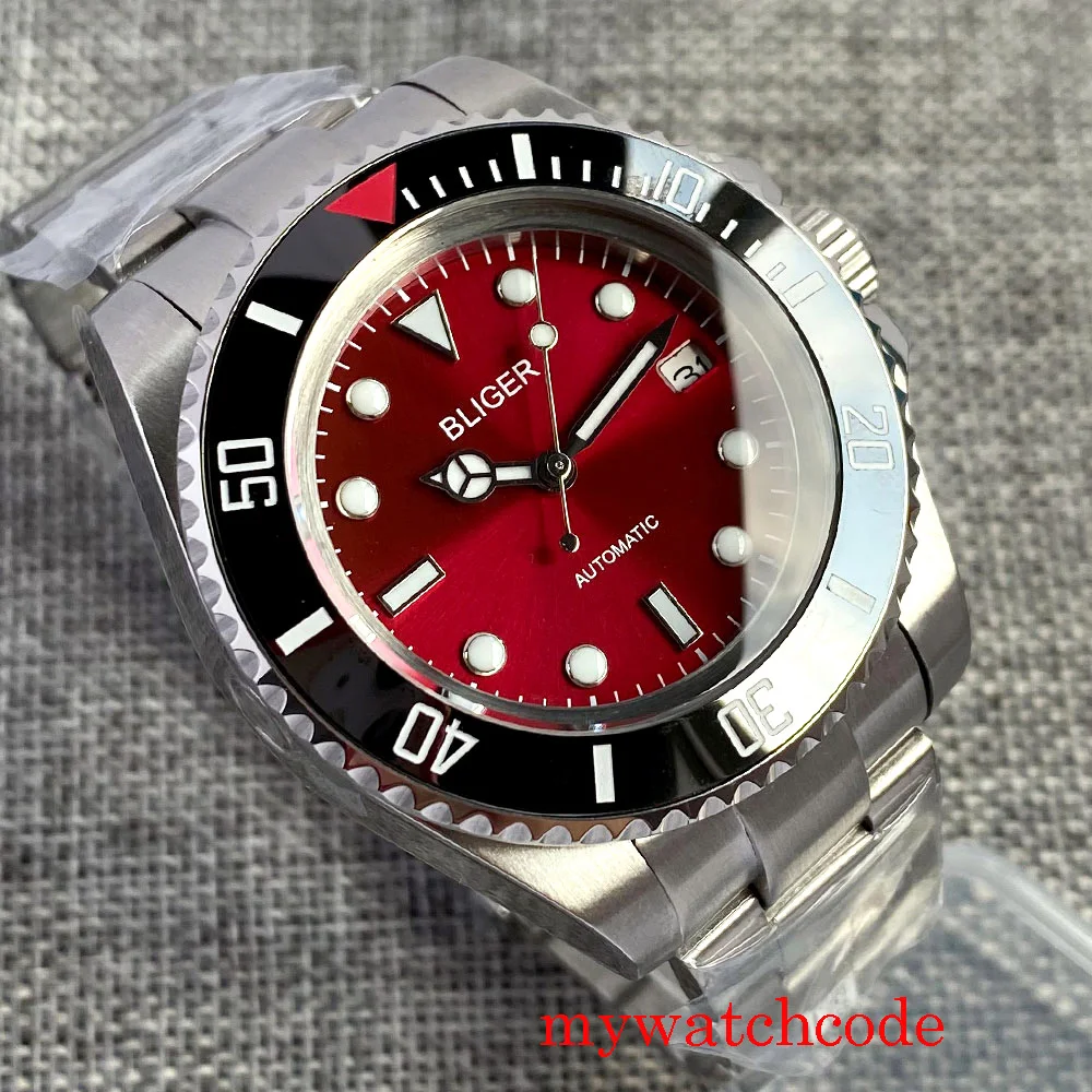 43mm Bliger quadrante rosso vetro zaffiro NH35 MIYOTA 8215 PT5000 braccialetto automatico dell'orologio