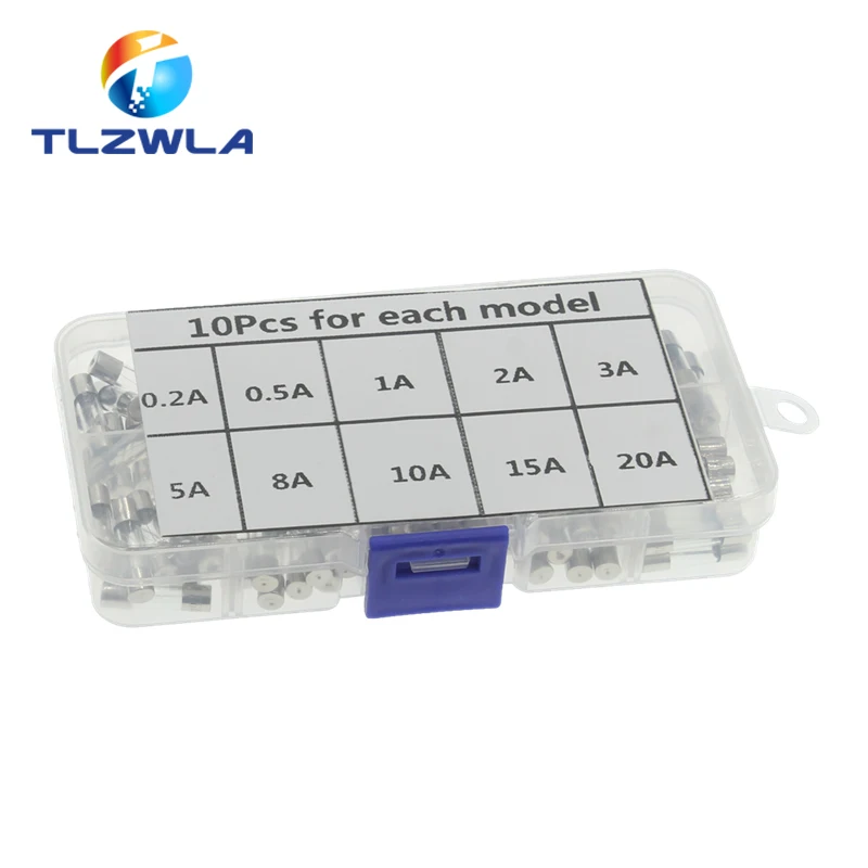 100PCS Set Kit 5x20mm Fuse Assorted Kits DIY Quick Blow Glass Tube Fast-blow Glass Fuses 0.2A-20A